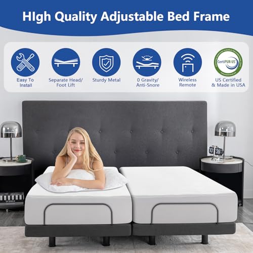 Split King Adjustable Bed Frame with Mattress, 12 Inch Grey Gel Memory Foam Medium-Firm Mattress in Box