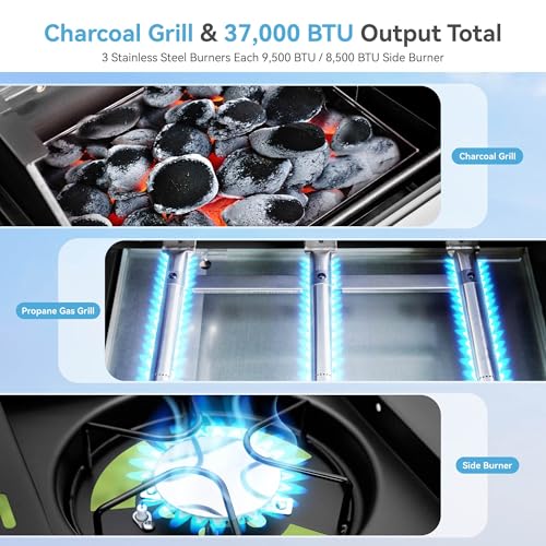 3 Burner Propane Gas and Charcoal Grill Combo with Side Burner & Porcelain-Enameled Cast Iron Grates, 37