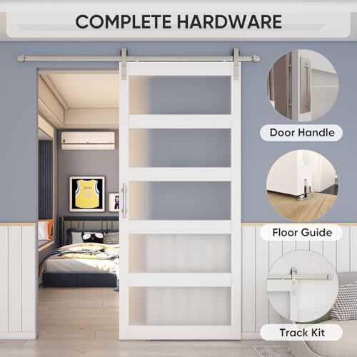 BARNSMITH 42in x 84in Glass Barn Door with 7FT Sliding Door Hardware Kit Included & Handle