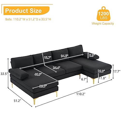 Karl home Convertible Sectional Sofa 110" U-Shape Sofa Couch 4-Seat Couch with Chaise ChenilleFabric Upholstered for Living Room, Apartment, Office