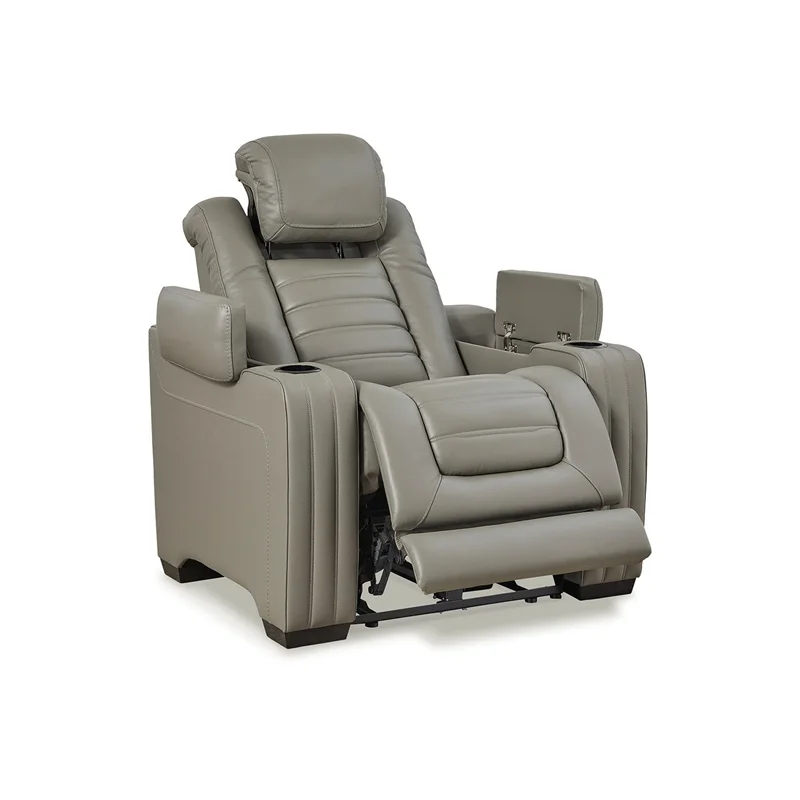 Ashley Furniture Backtrack Leather Power Recliner with Headrest in Light Gray