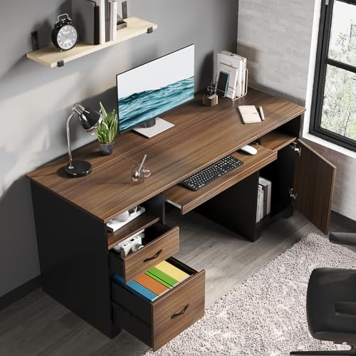 Bestier 59” Executive Desk with 2 Drawers, Computer Desk with Storage Cabinet, Industrial Wood Desk with File Drawer