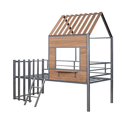 Harper & Bright Designs Kids House Beds Low Loft Bed Frame with Roof, Window, Guardrail and Ladder