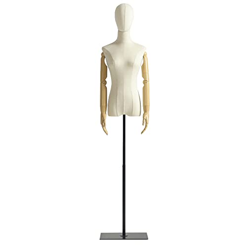 Female Mannequin Dress Form Torso, Display Mannequin Body with Detachable Head, Wooden Hands and Golden Adjustable Height Stand