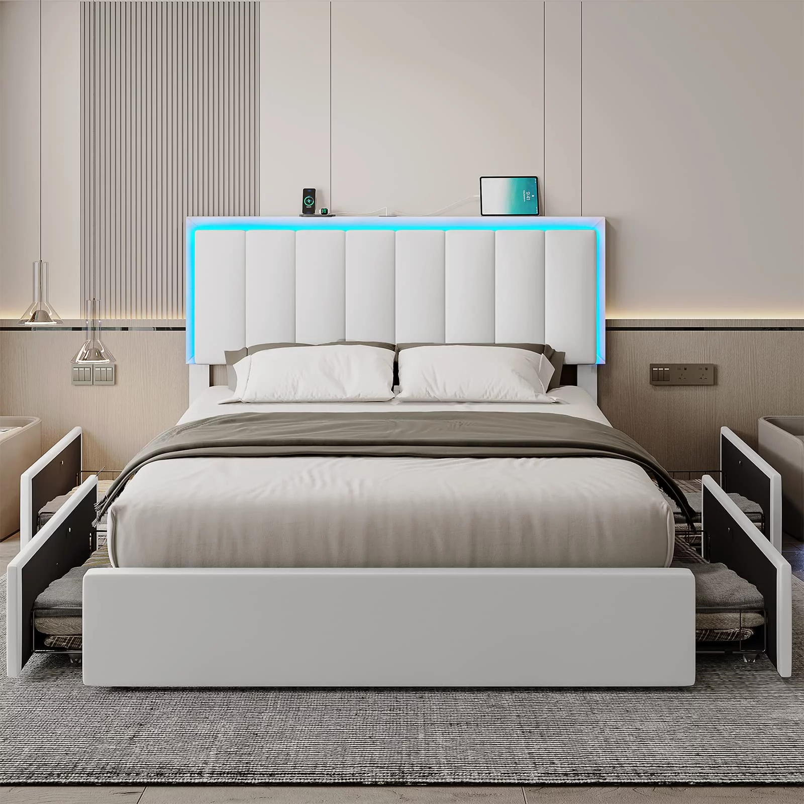 DICTAC Queen LED Bed Frame with 4 Storage Drawers and USB Ports Modern Upholstered Platform Bed Frame with Storage Faux Leather Storage with LED