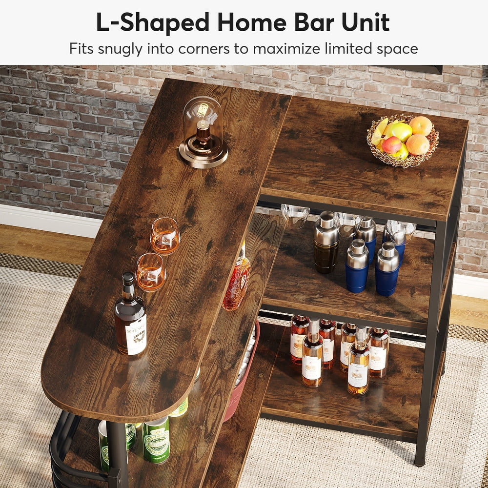 Tribesigns L-Shaped Home Bar Unit, 3 Tier Liquor Bar Table with Storage Shelves and Wine Glasses Holder, Rustic Brown