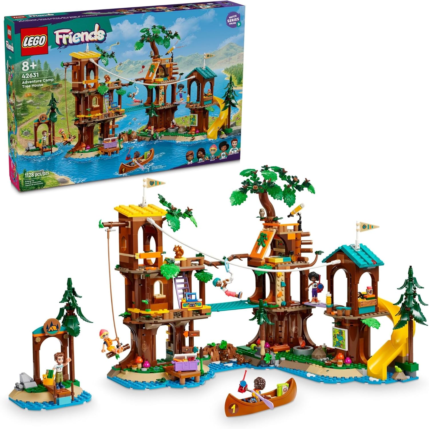 LEGO Friends Adventure Camp Tree House Toy with Doll Accessories, Outdoor Toy Playset for Kids with 5 Mini Dolls and 5 Animal Figures