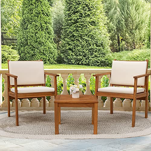 Flamaker Patio Chairs 3 Piece Acacia Wood Patio Furniture with Coffee Table & Cushions Outdoor Conversation Set Balcony Chairs for Porch, Deck