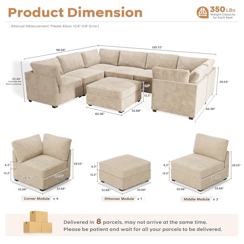 ovios 130.7" Modular Sectional Sofa Couch, U-Shaped Cloud Couches with 2 Ottomans Chaise