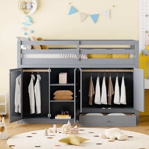 Harper & Bright Designs Twin Size Loft Bed with L-Shaped Desk and Stairs, Solid Wood Loft Bed Frame with Storage Drawers and Bookcase