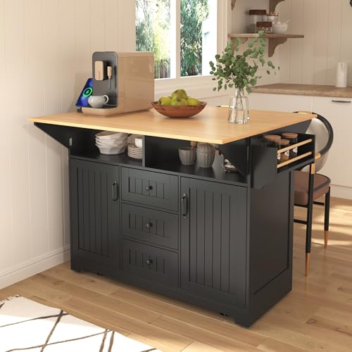 55.7'' Large Kitchen Island with 2 Drop Leaves, Rolling Kitchen Cart on 5 Wheels with Power Outlet