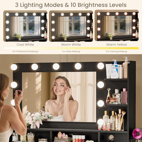 Vanity Desk with Mirror and Lights, Makeup Vanity with Storage Drawer, Power Outlet and Large Cabinet for Bedroom - White