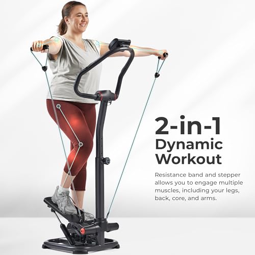 Sunny Health & Fitness 2-in-1 Premium Power Stepper with Resistance Bands, Low-Impact Cardio, Space-Saving, Height-Adjustable