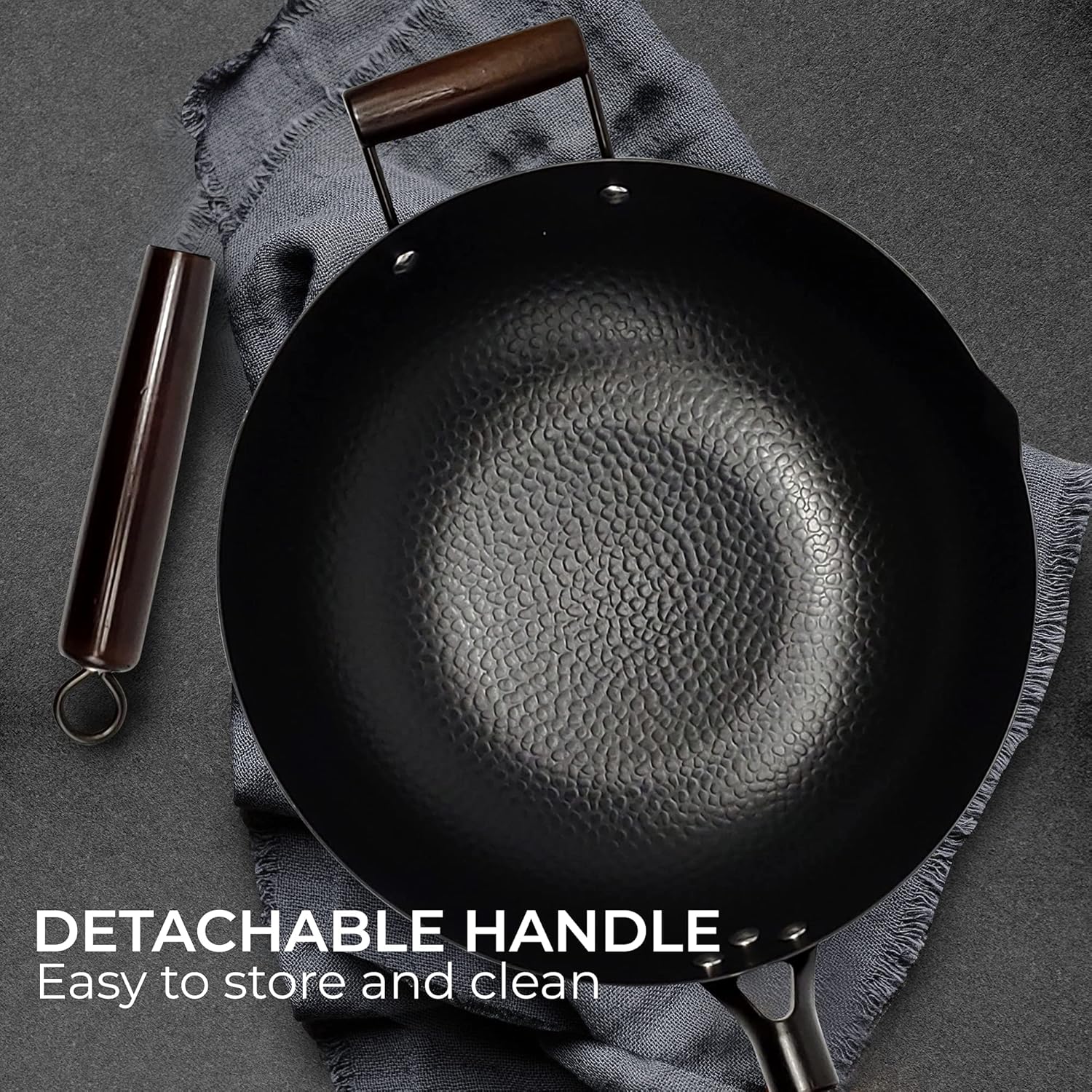HOME EC Carbon Steel Wok Pan With Lid, Stir Fry Wok Set, Steel Spatula, and Cleaning Brush