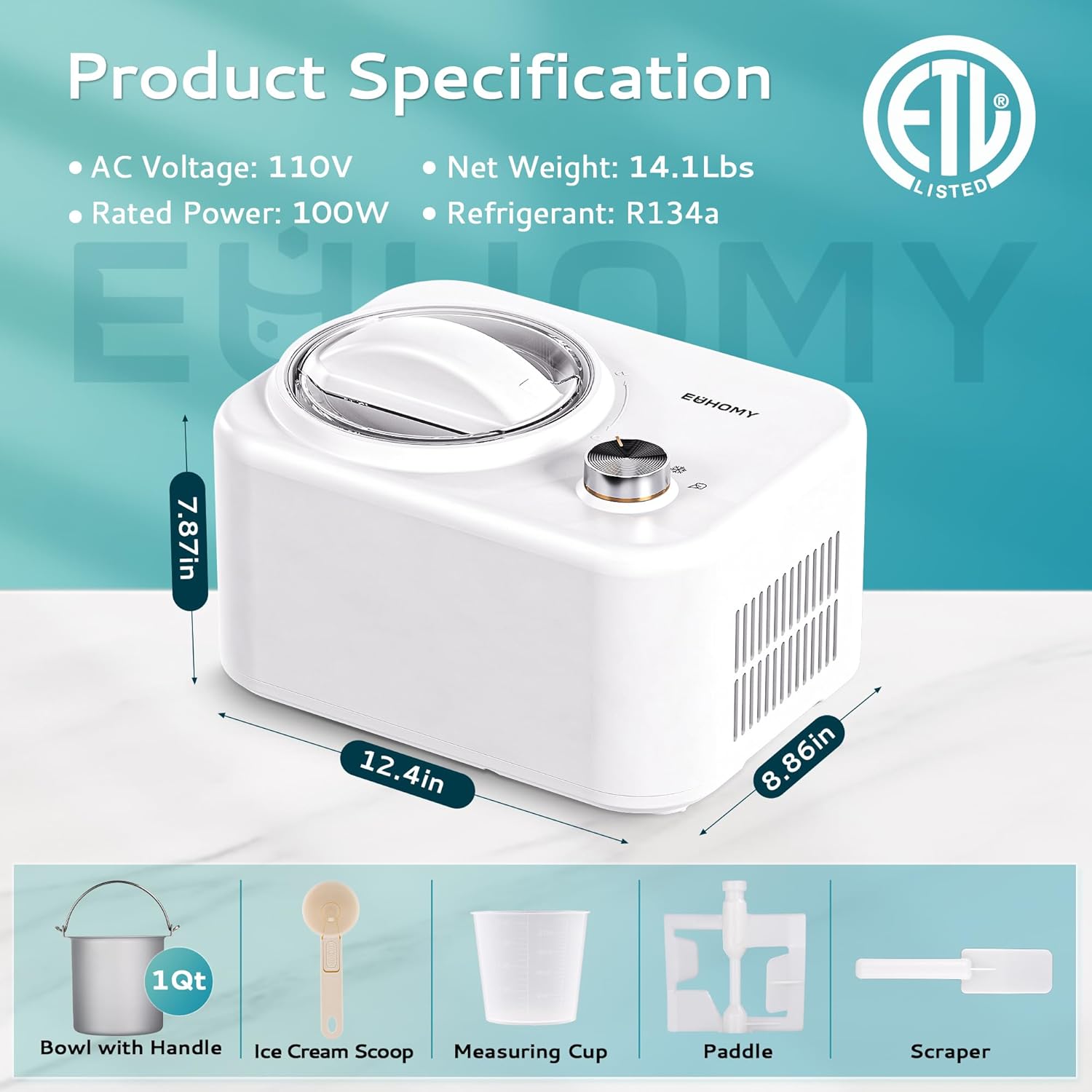 EUHOMY 1 Quart Auto Ice Cream Maker with Compressor, No Pre-freezing, 3 Modes Gelato Maker, Keep Cool Function, Easy-to-Clean