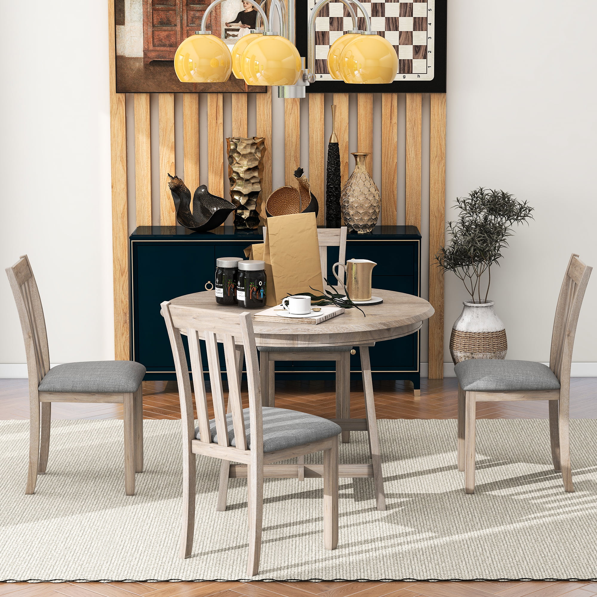 Besthome 5-Piece Wood Dining Table Set Round Extendable Dining Table with 4 Dining Chairs