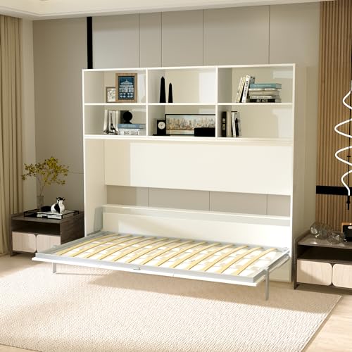 Full Size Murphy Bed Cabinet with Shelf and Drawers, Plywood Hidden Beds,Wall Bedframe for Bedroom,Space-Saving, Noise Free, White