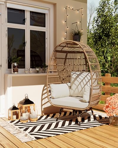 Oversize Wicker Egg Chair with 4 Comfy Cushions, Big Egg Shaped Lounger with Ottoman, Rattan Reading Chairs for Indoor Outdoor Patio Porch Backyard