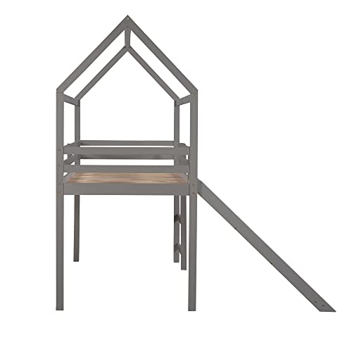 Merax Twin Over Twin House Bunk Bed Frames with Slide and Storage Staircase, No Box Spring Needed, White