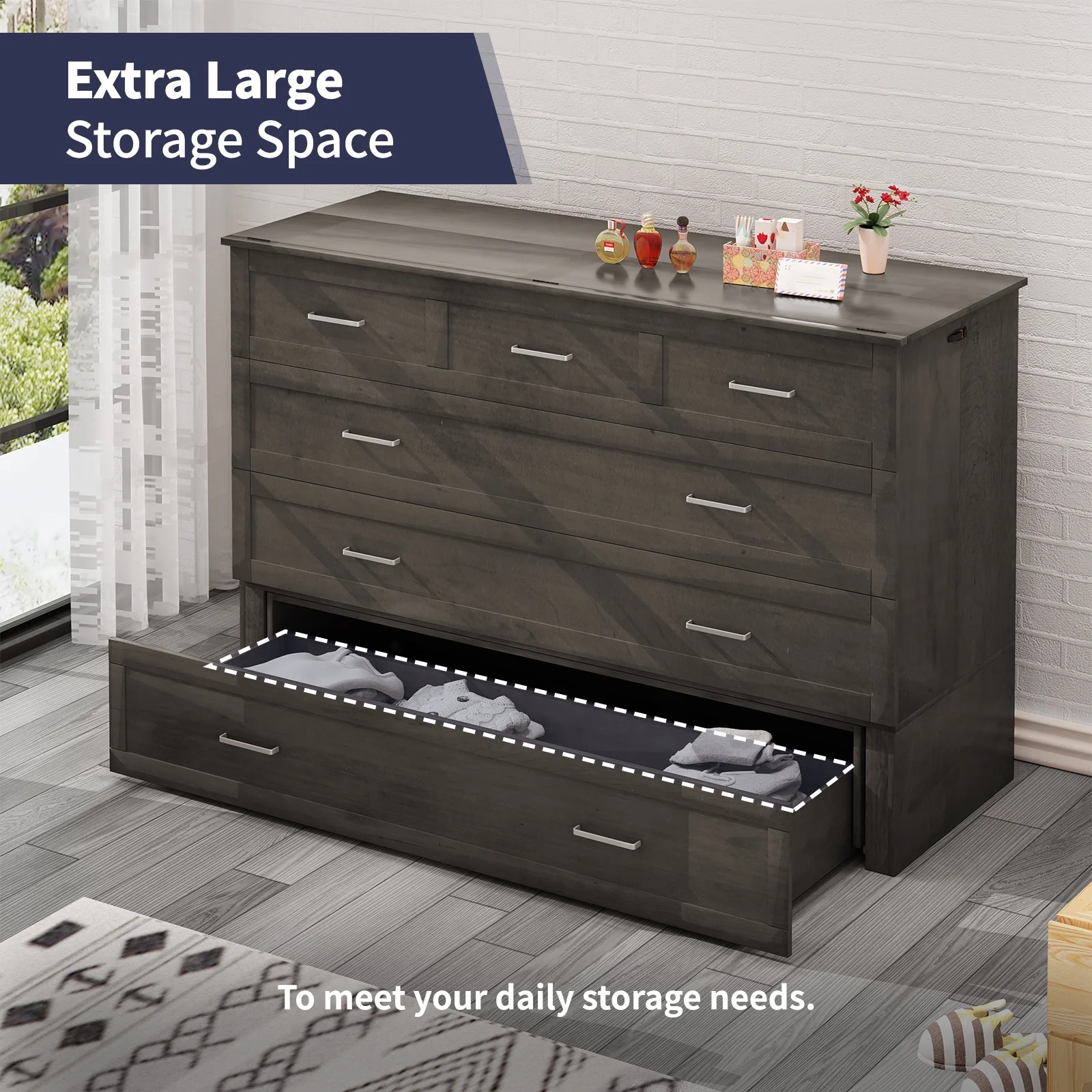 ZAFLY Murphy Cube Cabinet Bed with USB Charging Station, Murphy Bed Cabinet with Large Drawer & Folding Mattress