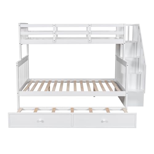 Harper & Bright Designs Twin Over Full Bunk Bed, Wood Twin Over Full Bunk Bed Frame with Trundle and Storage Shelves