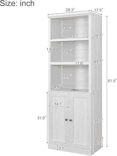 MERITLINE Queen Size Murphy Bed with Storage Bookcase Shelves,Cabinet and Charging Station,Wood Folding White Murphy Wall Bed