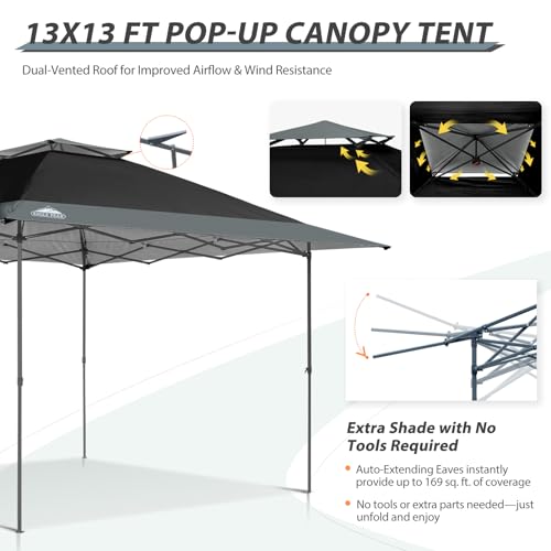 EAGLE PEAK 13x13 Straight Leg Pop Up Canopy Tent Instant Outdoor Canopy Easy Single Person Set up Folding Shelter w/Auto Extending Eaves 169 Square