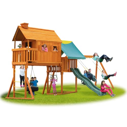 Fantasy Tree House Solid Cedar Wood Swing Set | Jungle Gym with Built-in Tree House, Clubhouse, Wave Slide