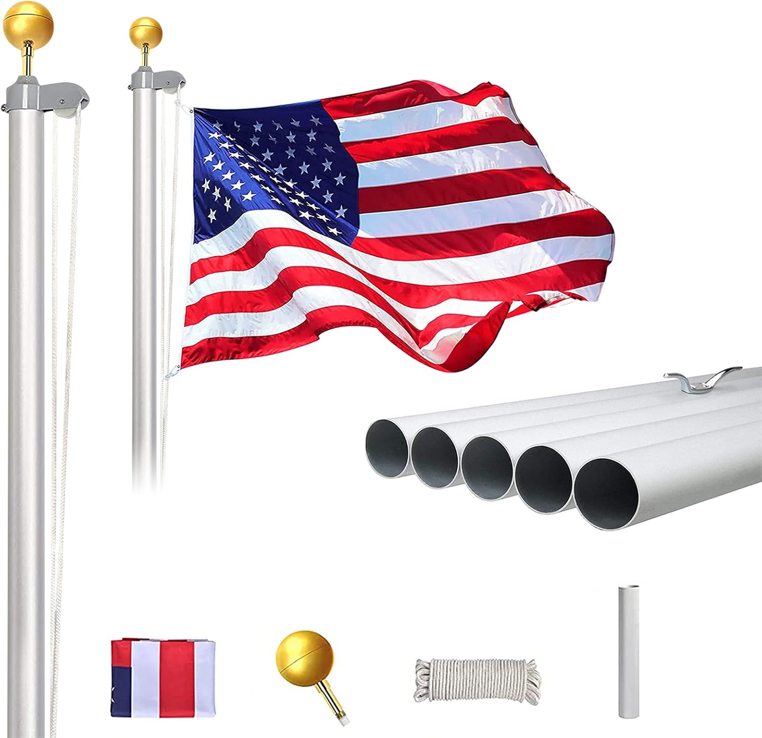 Klvied 20FT Sectional Flag Poles, Heavy Duty Aluminum Flag Pole Kit, Hardware Outdoor Garden Adjustable Pole with 3x5 American Flag and Golden Ball