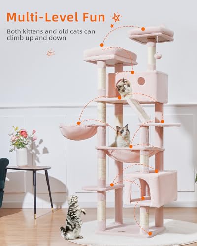 71-Inch Large Cat Tree for Large Cats, Plush Multi-Level Cat Condo with 8 Scratching Posts, 2 Perches, Cave, Hammock, 2 Pompoms
