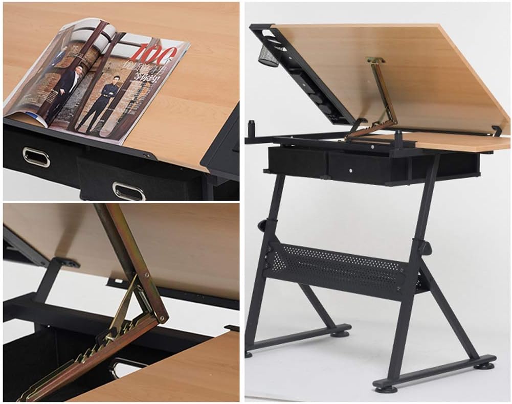 HONGYANG Drafting Desk, Height Adjustable Drawing Desk, Tiltable Craft Table with Storage, Maple Panel Art Desk, for Home Office Drafting Table