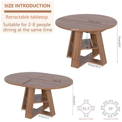 43.3in-59in Extendable Round Dining Table for 4-8,Modern Kitchen Oval Dining Table with Removable Leaves Space Saving