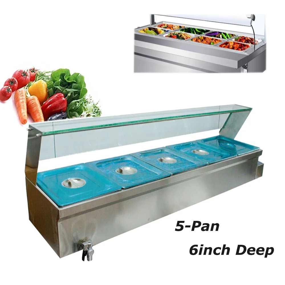 TECHTONGDA Buffet Food Warmer Stainless Steel Bain Marie Buffet Countertop 5 Pan Electric Steam Heater 6"Deep with Glass Shield