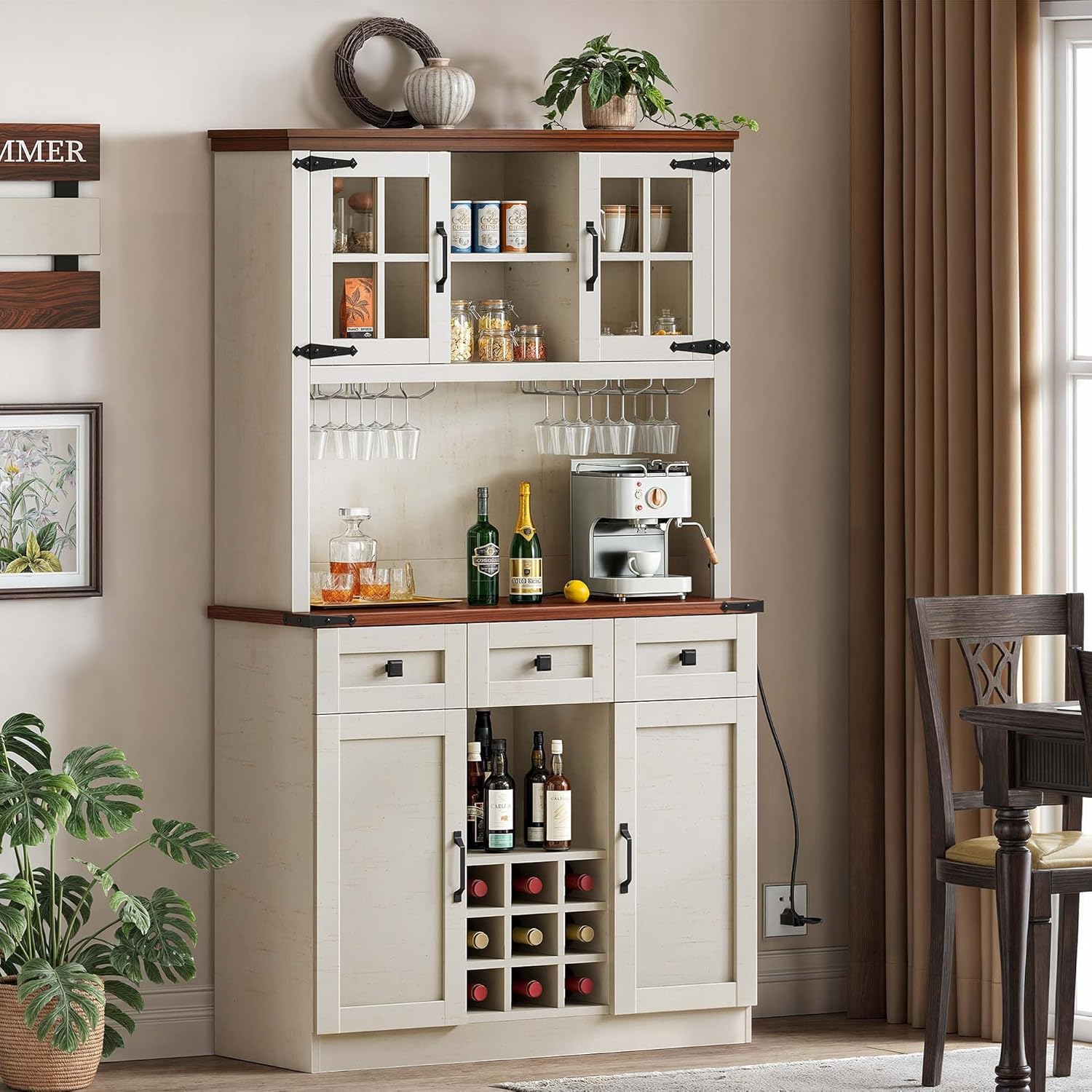 DWVO Coffee Bar Cabinet with Power Outlet/Lights, 72" Farmhouse Pantry Cabinet with Storage Shelves and 3 Drawers