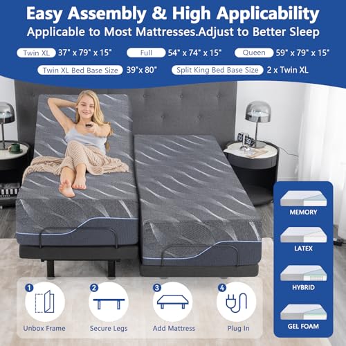 Split King Adjustable Bed Frame with Mattress, 12 Inch Grey Gel Memory Foam Medium-Firm Mattress in Box
