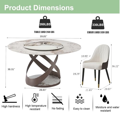Modern Round Dining Table, 59" Sintered Stone Dining Table with Detachable Lazy Susan for 8 People