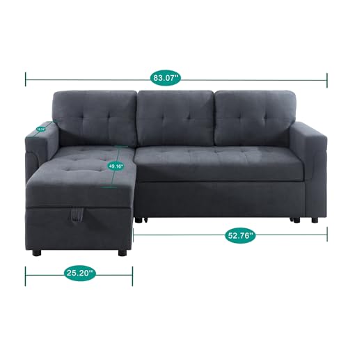 Naomi Home Reversible Sleeper Sectional Sofa Storage Chaise Velvet/Dark Gray