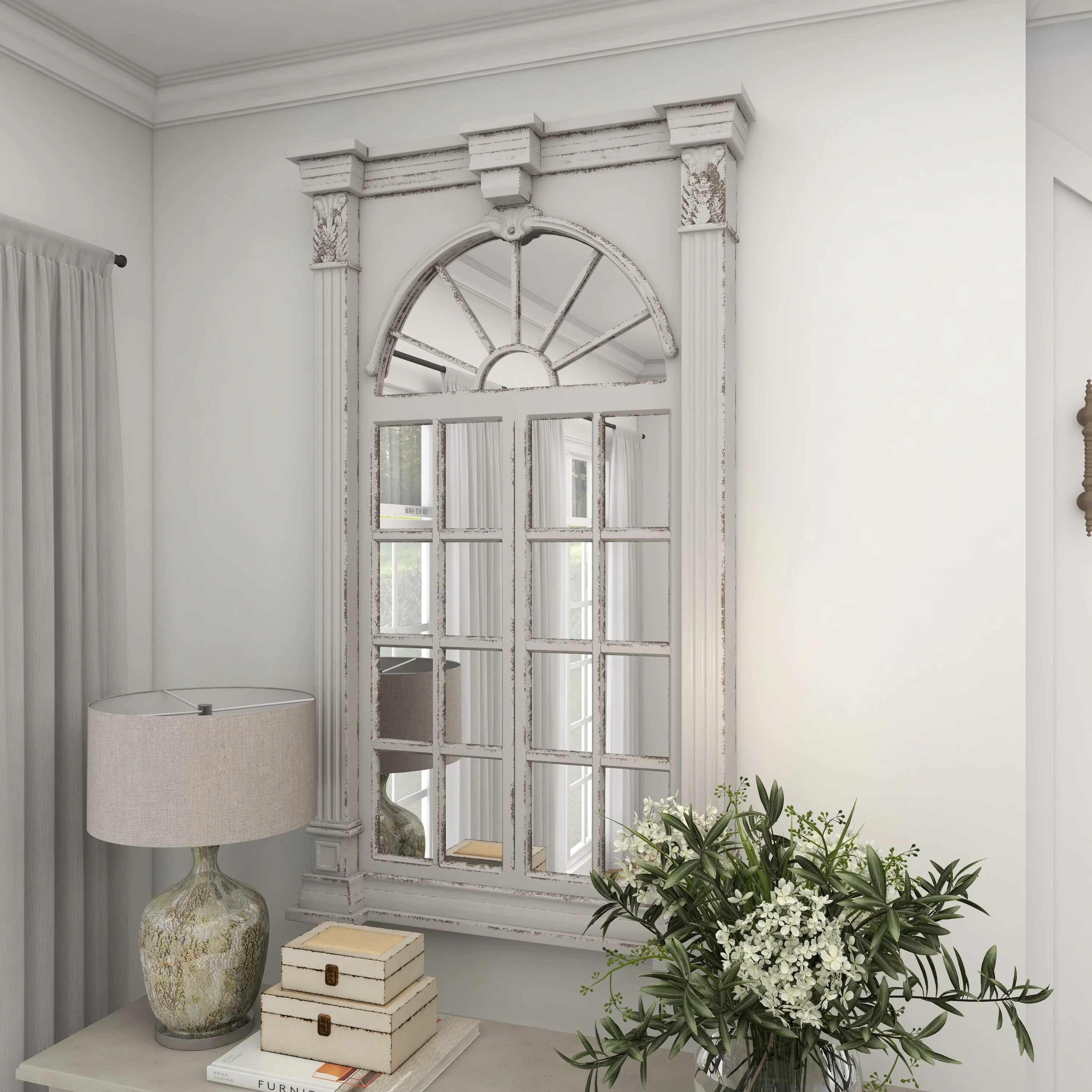 DecMode 37" x 52" Cream Window Pane Inspired Wall Mirror with Arched Top and Distressing