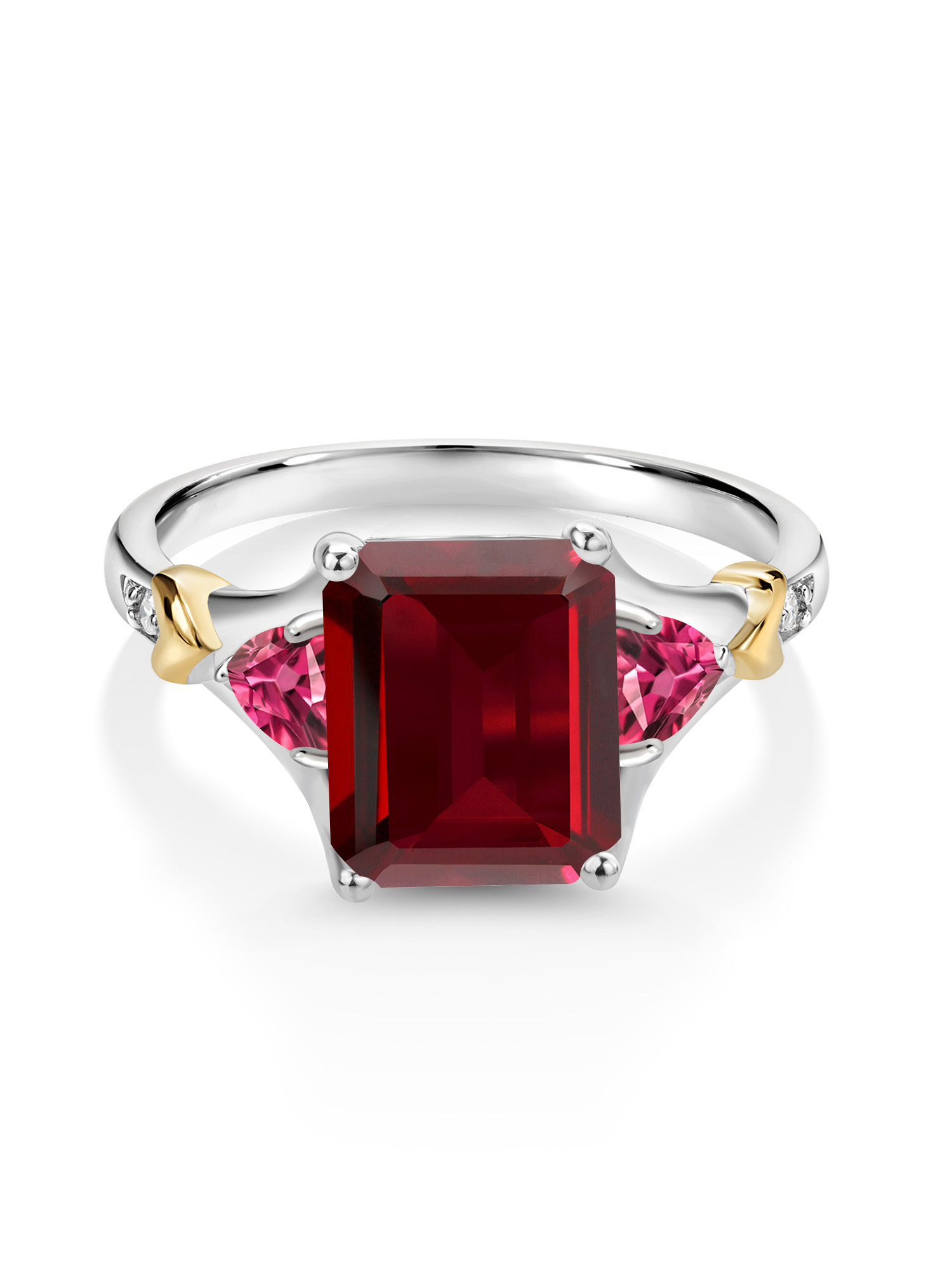Gem Stone King 925 Silver and 10K Yellow Gold Red Garnet and Pink Tourmaline and Diamond Engagement Ring For Women (4.24 Cttw, Emerald Cut 10X8MM
