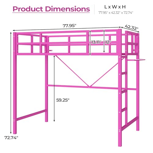 DICTAC Loft Bed Twin Size with Ladder and Guardrail,Metal Twin Loft Bed with Led Lights,Small Space Saving Furniture Design for Bedroom
