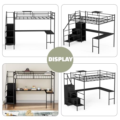 Full Size Loft Bed with Desk,Metal Heavy Duty Full Loft Bed with Stairs,Wardrobe and Shelves