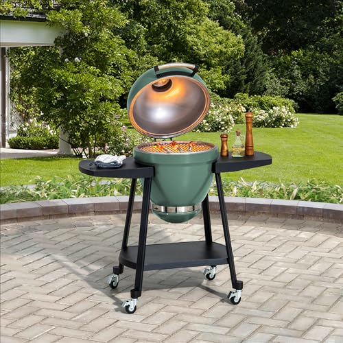 Sunjoy Charcoal Grill 20-Inch Kamado Grill with Pizza Stone, Ultimate Outdoor BBQ Egg Grill and Smoker with Wheels, Navy