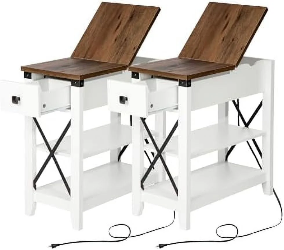 RUNFAYBIU Narrow End Table with Charging Station