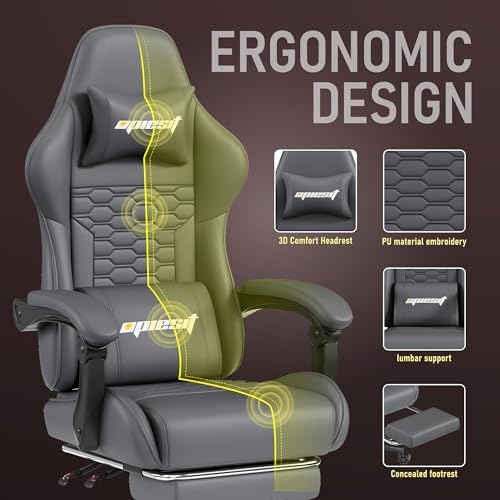 Gaming Chair, Computer Office Chair with Footrest, Linkage Armrests and Lumbar Support, High Back Ergonomic Gamer Chairs for Adults, Blue Fabric