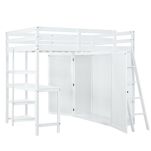 Harper & Bright Designs Full Size Loft Bed with Wardrobe and Desk, Solid Wood Loft Bed Frame with Storage, for Kids Teens Adults (Full Size, White)