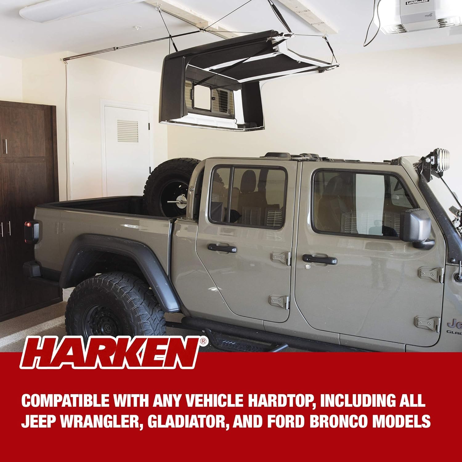 HARKEN - Hardtop Overhead Garage Storage Hoist for Jeep Wrangler and Ford Bronco, Self-Leveling, Safe Anti-Drop System, Easy One-Person Operation