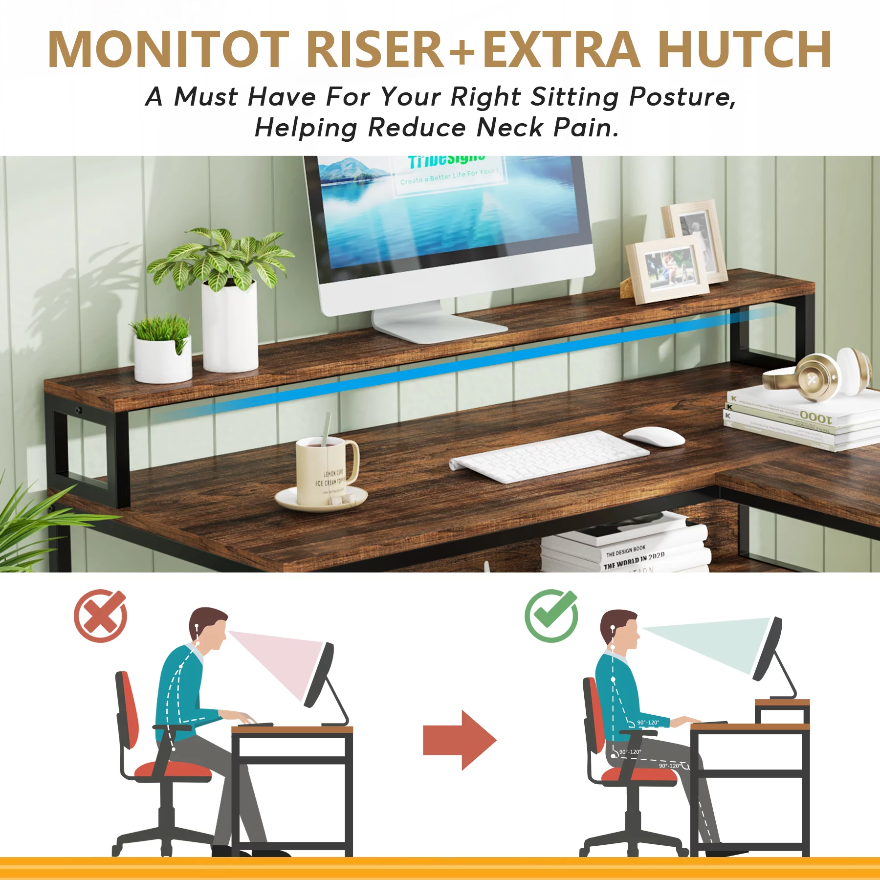 Tribesigns Reversible L Shaped Desk with Monitor Stand, 59 Inch Corner Computer Desk with Storage Shelves