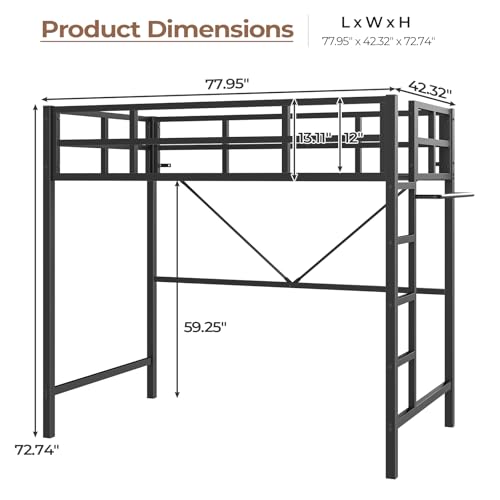 DICTAC Loft Bed Twin Size with Ladder and Guardrail,Metal Twin Loft Bed with Led Lights,Small Space Saving Furniture Design for Bedroom