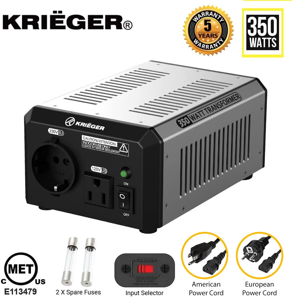 Krieger 350 Watt Voltage Transformer, 110/120V to 220/240V Step Up Step Down Voltage Converter with AC Outlets, ETL Approved Under UL, CSA Pack of 2