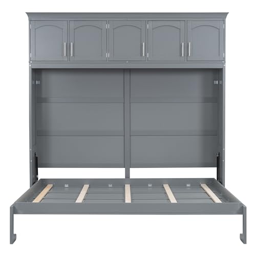 Full Size Murphy Bed with Drawers, Cabinets and USB Ports,Wood Murphy Bed Cabinet Bed Removable Shelves
